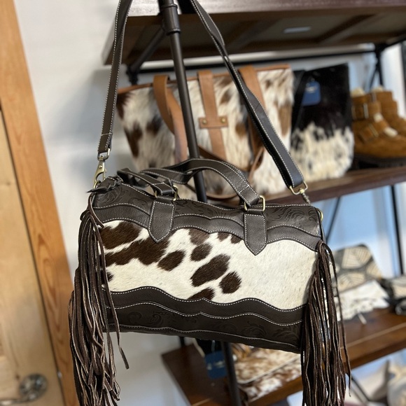 Unique New Western Genuine Embossed Leather Cowhide Fringe Tassel Bag Crossbody - Picture 9 of 12